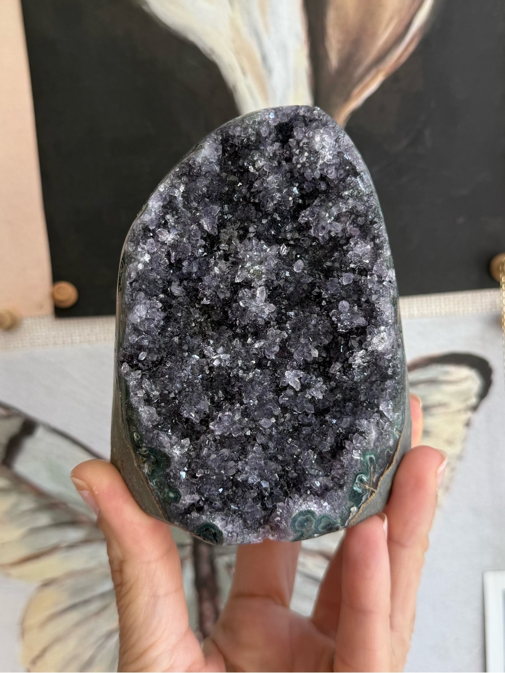 Natural sparkly dark purple amethyst cut base with flower formations